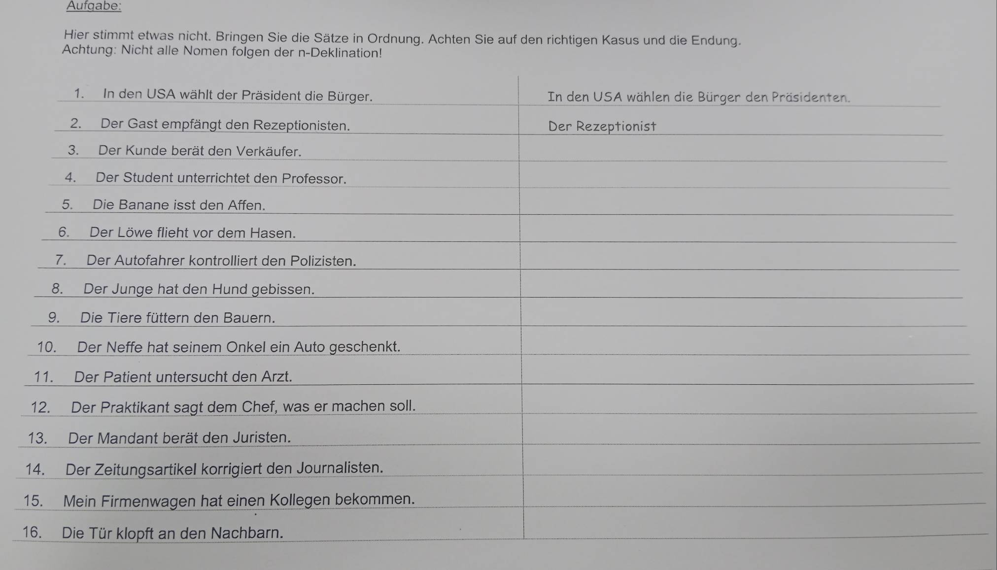 Aufgabe: 
Hier stimmt etwas nicht. Bringen Sie die Sätze in Ordnung. Achten Sie auf den richtigen Kasus und die Endung. 
Achtung: Nicht alle Nomen folgen der n-Deklination! 
1 
1