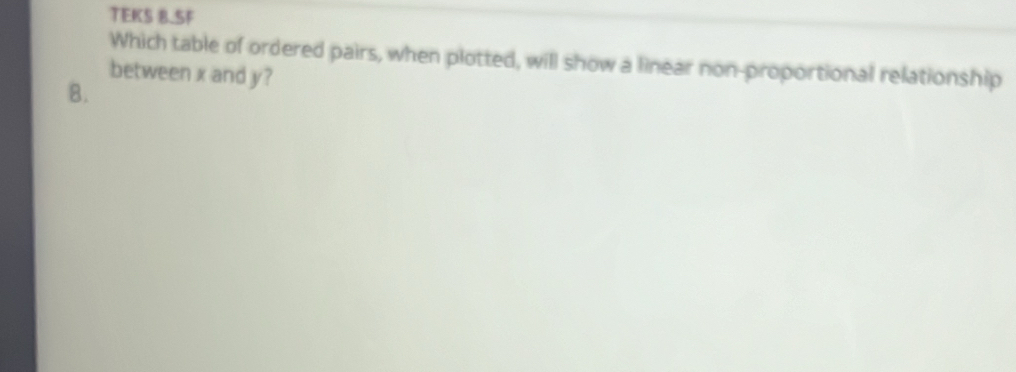 TEKS B.SF 
Which table of ordered pairs, when plotted, will show a linear non-proportional relationship 
between x and y? 
B.