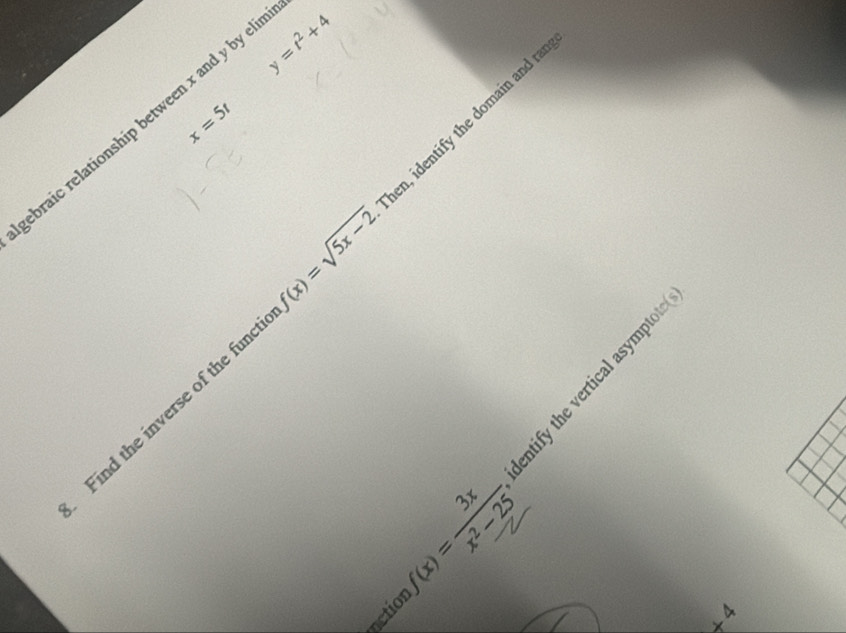 y=t^2+4
x=5t
braic relationship between x and y by el
|(x)= 1/x^2-5 
Find the inverse of the fun n, identify the domain and ra 
action f(x)=frac 3xx^5^^2x