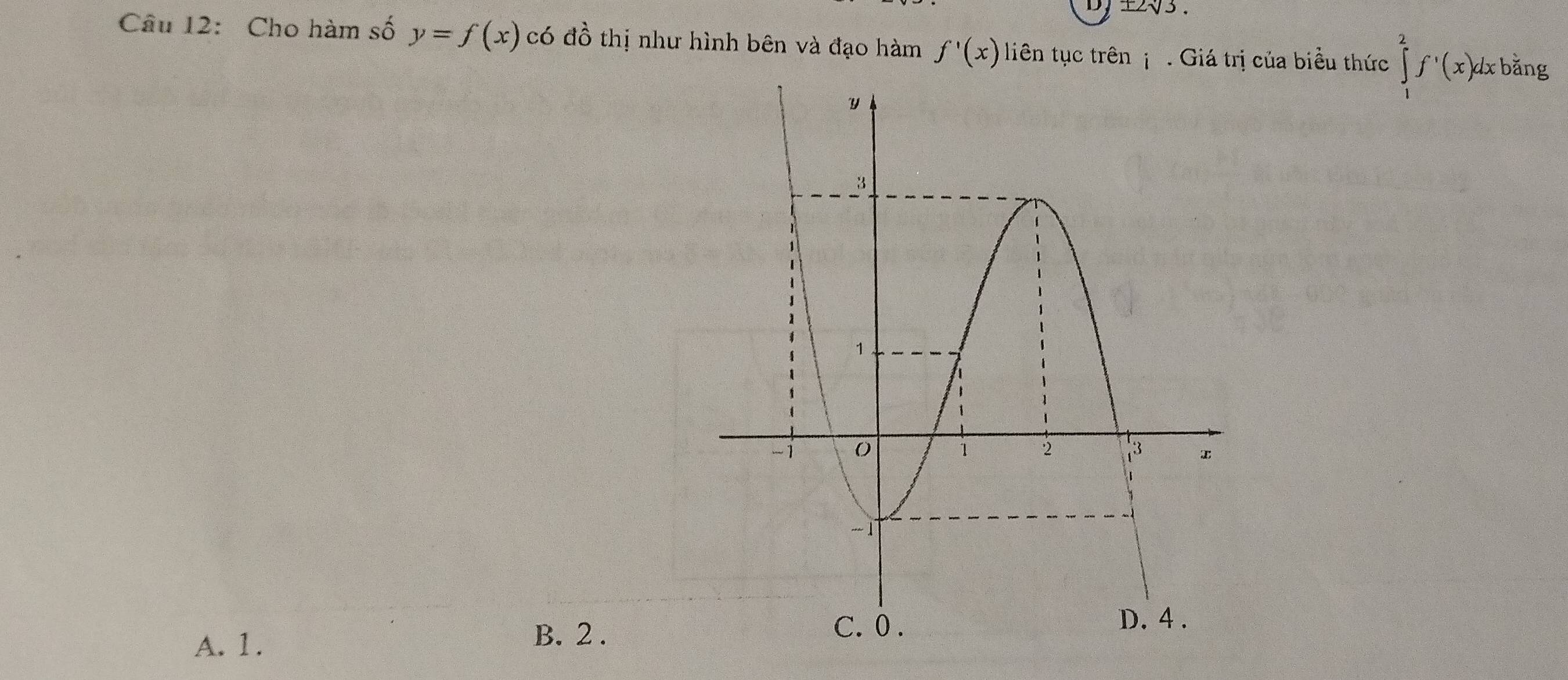 Cho hàm số y=f(x) có đồ thị như hình bên và đạo hàm f'(x) liên tục trên . Giá trị của biểu thức ∈tlimits _1^(2f^,)(x)dxbsin g
A. 1.
B. 2.