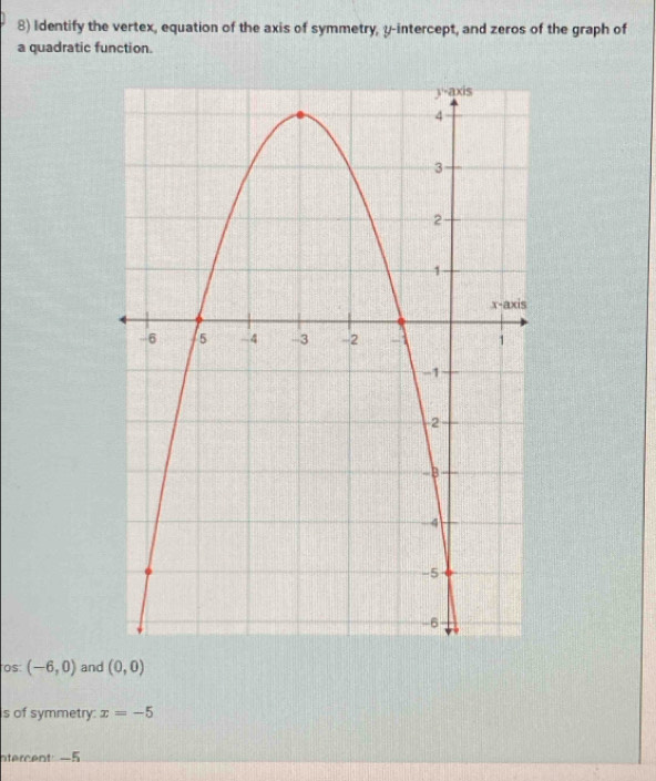 Identify the vertex, equation of the axis of symmetry, y-intercept, and zeros of the graph of
a quadratic function.
os: (-6,0) and (0,0)
s of symmetry: x=-5
ntercent: -5