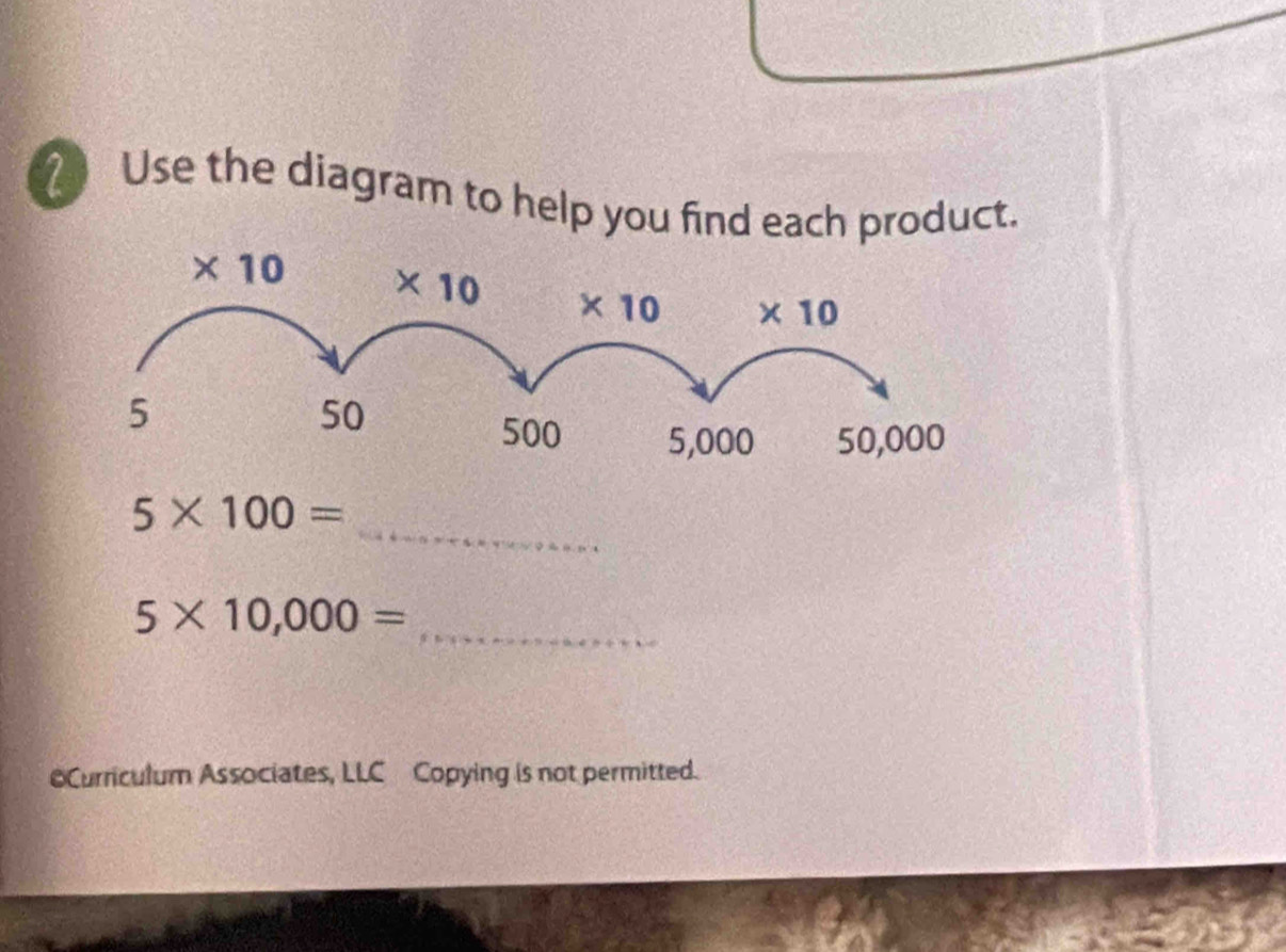 Use the diagram to help you find each product.
_
5* 100=
5* 10,000= _
Curriculum Associates, LLC Copying is not permitted.