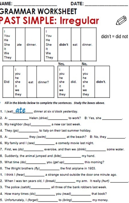 NAME: _DATE:_ 
GRAMMAR WORKSHEET 
PAST SIMPLE: Irregular 
| 
You You didn't = did not 
He 
He 
She ate dinner. She didn't eat dinner. 
It 
It 
We 
We 
They They 
es, No, 
| 
ou you 
e he 
he did. she didn't. 
t it 
e we 
hey they 
Fill in the blanks below to complete the sentences. Study the boxes above. 
1. I (eat)_ dinner at six o'clock yesterday. 
2. A: _Helen (drive)_ to work? B: Yes, she_ 
3. My neighbor (buy)_ a new car last week. 
4. They (go) _to Italy on their last summer holiday. 
5. A: _they (swim)_ at the beach? B:N . they_ , 
6. My family and I (see) _a comedy movie last night. 
7. First, we (do)_ exercise, and then we (drink)_ some water. 
8. Suddenly, the animal jumped and (bite)_ my hand. 
9. What time (do)_ you (get up) _this morning? 
0. The Wright brothers (fy) _the first airplane in 1903. 
1. I think I (hear) _a strange sound outside the door one minute ago. 
2. When I was ten years old, I (break) _my arm. It really (hurt)_ 
3. The police (catch)_ all three of the bank robbers last week. 
4. How many times (do)_ you (read) _that book? 
5. Unfortunately, I (forget)_ to (bring)_ my money.