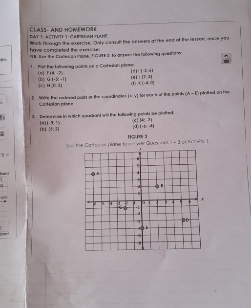 CLAS- AND HOMEWÖRK 
DAY 1: ACTIVITY 1: CARTESIAN PLANE 
Work through the exercise. Only consult the answers at the end of the lesson, once you 
have completed the exercise: 
tric NB. Use the Cartesian Plane, FIGURE 2, to answer the following questions: 
1. Plot the following points on a Cartesian plane: 
(a) F(4;-2) (d) I(-3;6)
(b) G(-5;-1) (e) J(2;3)
(c) H(0:3) (f) K(-4;0)
2. Write the ordered pairs or the coordinates (x;y) for each of the points (A-E) plotted on the 
. Cartesian plane. 
3. Determine in which quadrant will the following points be plotted: 
(a) (-3,1) (c) (4;-2)
(b) (5;2) (d) (-6;-4)
FIGURE 2 
Use the Cartesian plane to answer Questions 1 - 3 of Activity 1. 
3] in 
Brant 
41 
axis 
graint