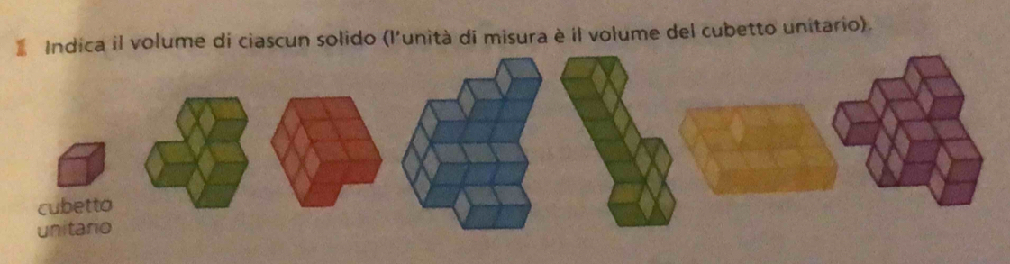 ica il volume di ciascun solido (l'unità di misura è il volume del cubetto unitario).