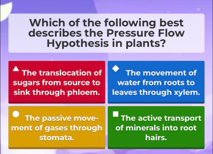 Which of the following best
describes the Pressure Flow
Hypothesis in plants?
The translocation of The movement of
sugars from source to water from roots to
sink through phloem. leaves through xylem.
The passive move- The active transport
ment of gases through of minerals into root
stomata. hairs.