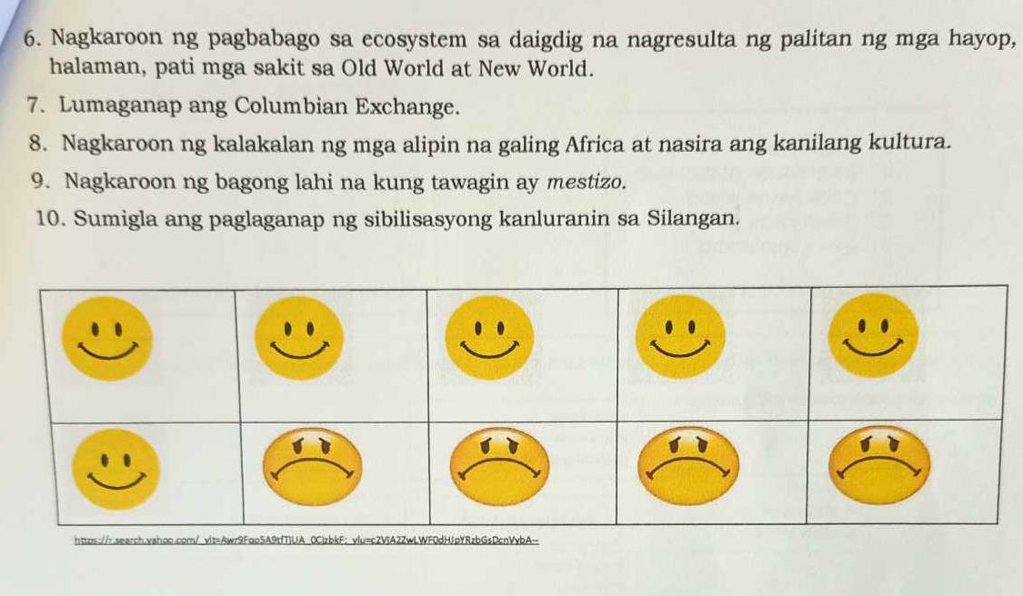 Nagkaroon ng pagbabago sa ecosystem sa daigdig na nagresulta ng palitan ng mga hayop, 
halaman, pati mga sakit sa Old World at New World. 
7. Lumaganap ang Columbian Exchange. 
8. Nagkaroon ng kalakalan ng mga alipin na galing Africa at nasira ang kanilang kultura. 
9. Nagkaroon ng bagong lahi na kung tawagin ay mestizo. 
10. Sumigla ang paglaganap ng sibilisasyong kanluranin sa Silangan. 
https://r.search.vshoo.com/ vit=Awr9Fao5A9tfT1LA 0CjzbkF: vlu=c2ViA2ZwLWF0dHJpYRzbGsDcnVvbA-