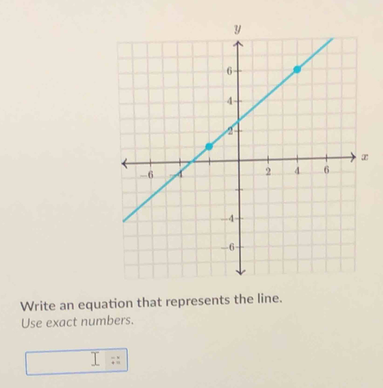 Write an equation that represents the line. 
Use exact numbers.
□ beginarrayr -x +equiv endarray