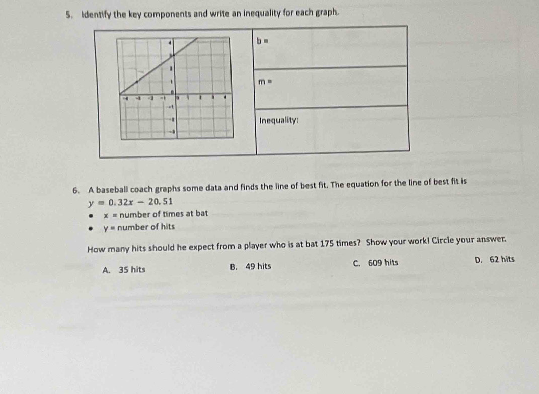 identify the key components and write an inequality for each graph.
6. A baseball coach graphs some data and finds the line of best fit. The equation for the line of best fit is
y=0.32x-20.51
x= number of times at bat
y= number of hits
How many hits should he expect from a player who is at bat 175 times? Show your work! Circle your answer.
A. 35 hits B. 49 hits C. 609 hits D. 62 hits