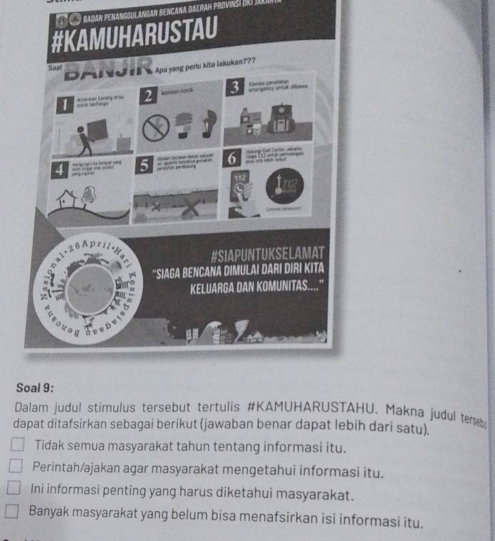 badan penanggulandan bençana daerah provinsi de
S
Dalam judul stimulus tersebut tertulis #KAMUHARUSTAHU. Makna judul terse
dapat ditafsirkan sebagai berikut (jawaban benar dapat lebih dari satu).
Tidak semua masyarakat tahun tentang informasi itu.
Perintah/ajakan agar masyarakat mengetahui informasi itu.
Ini informasi penting yang harus diketahui masyarakat.
Banyak masyarakat yang belum bisa menafsirkan isi informasi itu.