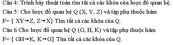 Trình bày thuật toán tìm tất cả các khóa của lược đồ quan hệ. 
Câu 5: Cho lược đồ quan hệ Q(X,Y,Z) và tập phụ thuộc hàm
F= XYto Z,Zto X Tìm tất cả các khóa của Q. 
Câu 6 Cho lược đồ quan hệ Q(G,H,K) và tập phụ thuộc hàm
F= GHto K,Kto G Tìm tất cả các khóa của Q.