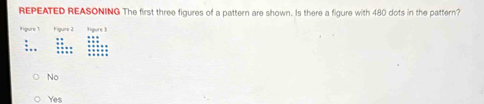 REPEATED REASONING The first three figures of a pattern are shown. Is there a figure with 480 dots in the pattern?
Figure 1 Figure 2 Figure 3
No
Yes