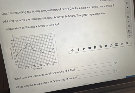 POSS 
Grant is recording the hourly temperatures of Grove City for a science project. He starts at 8
AM and records the temperature each hour for 24 hours. The graph represents the 
temperature of the city x hours after 8 AM. 
What was the temperature of Grove Cy at 8 AM? □°F
What was the temperature of Grove City at noon? □°F