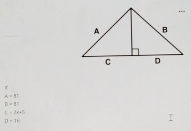 If
A=81
B=81
C=2x+5
D=16