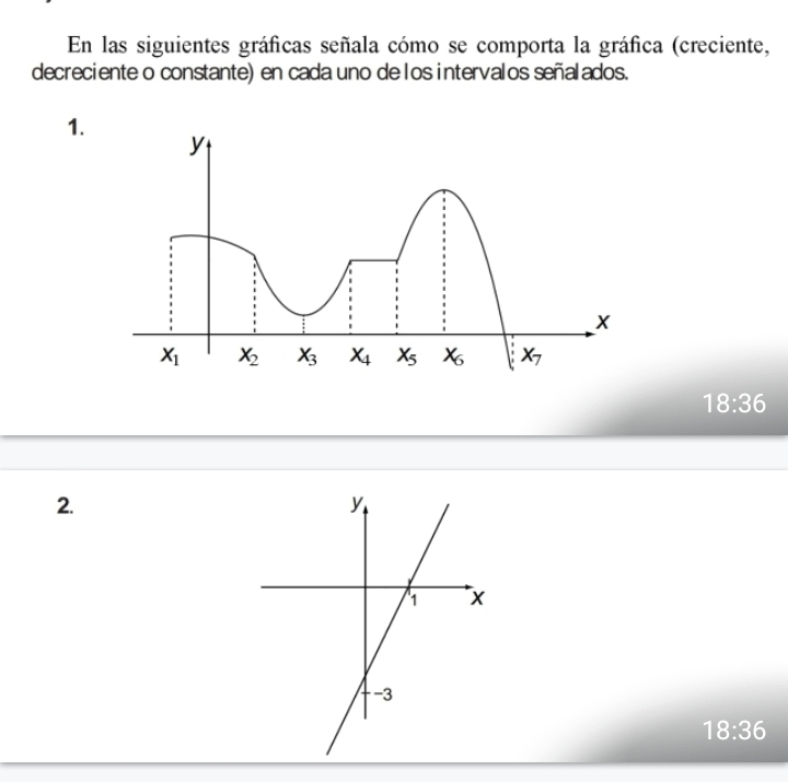 En las siguientes gráficas señala cómo se comporta la gráfica (creciente,
decreciente o constante) en cada uno de los intervalos señalados.
1.
18:36
2.
18:36