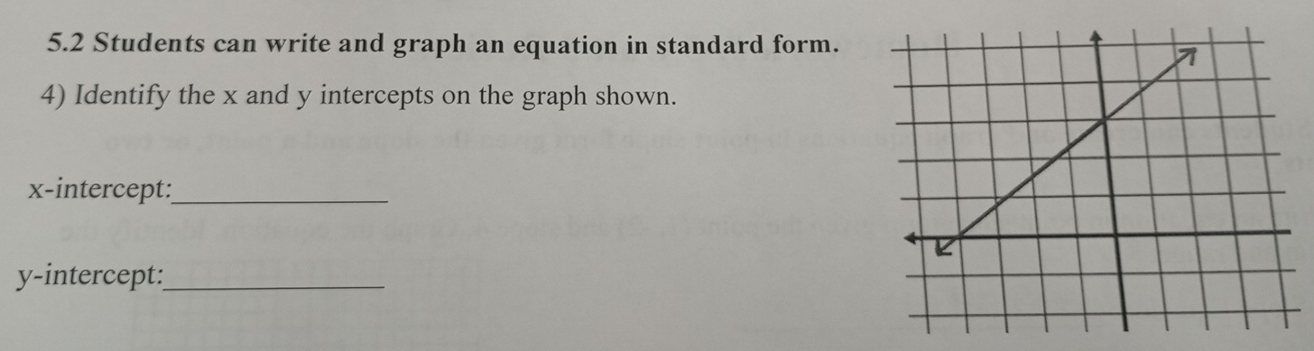 5. 2 Students can write and graph an equation in standard form. 
4) Identify the x and y intercepts on the graph shown. 
x-intercept:_ 
y-intercept:_