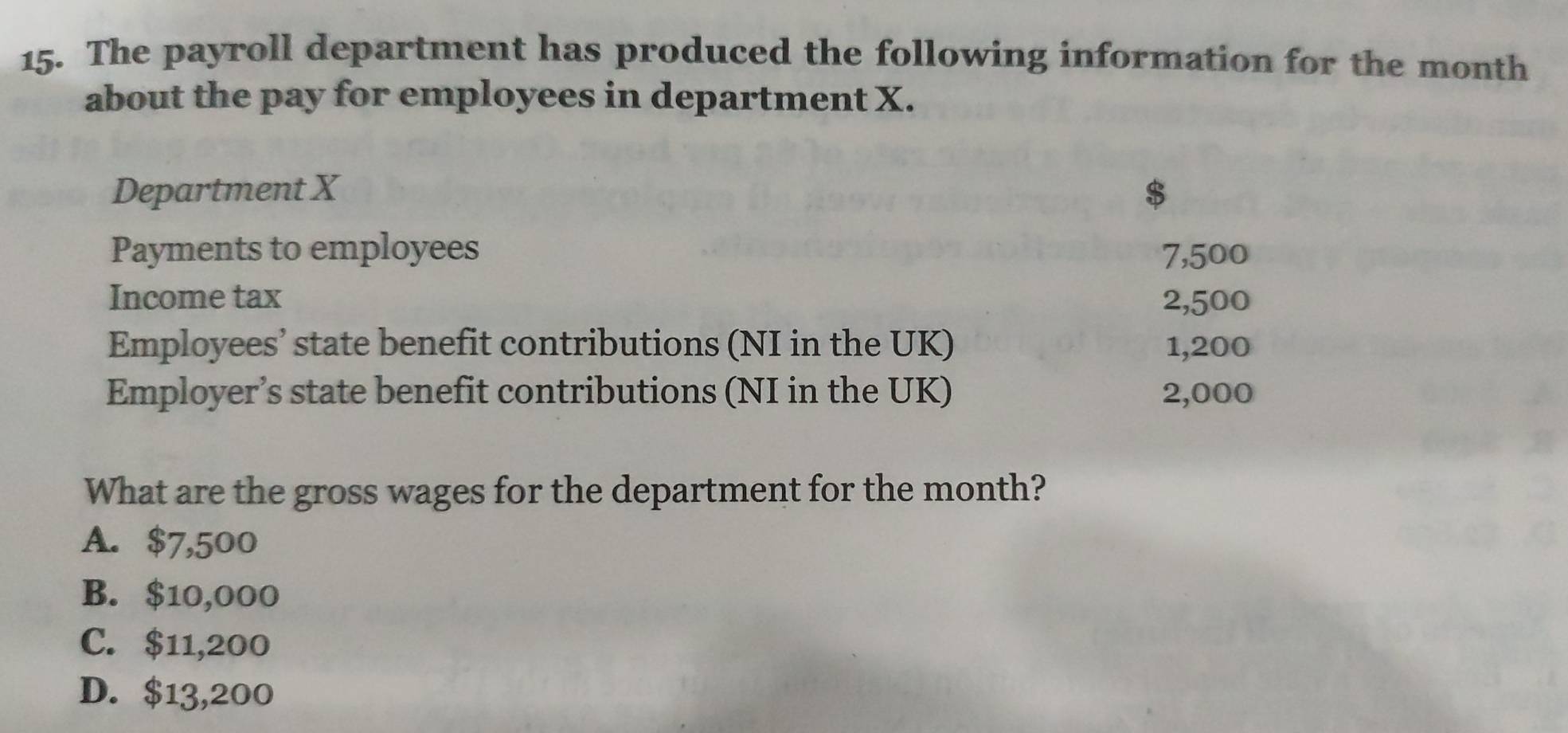 The payroll department has produced the following information for the month
about the pay for employees in department X.
Department X $
Payments to employees 7,500
Income tax 2,500
Employees’ state benefit contributions (NI in the UK) 1,200
Employer’s state benefit contributions (NI in the UK) 2,000
What are the gross wages for the department for the month?
A. $7,500
B. $10,000
C. $11,200
D. $13,200