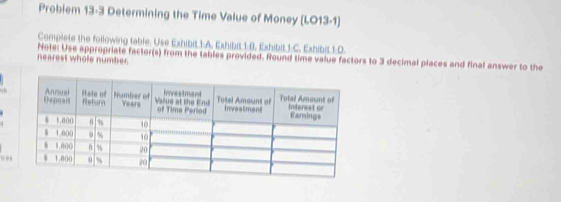 Probiem 13-3 Determining the Time Value of Money (LO13-1) 
Complete the following table. Use Exhibit.1:A. Exhibit 1:B, Exhibit 1:C. Exhibit 1 D. 
nearest whole number. Note: Use appropriate factor(s) from the tables provided. Round time value factors to 3 decimal places and final answer to the 
1 ”