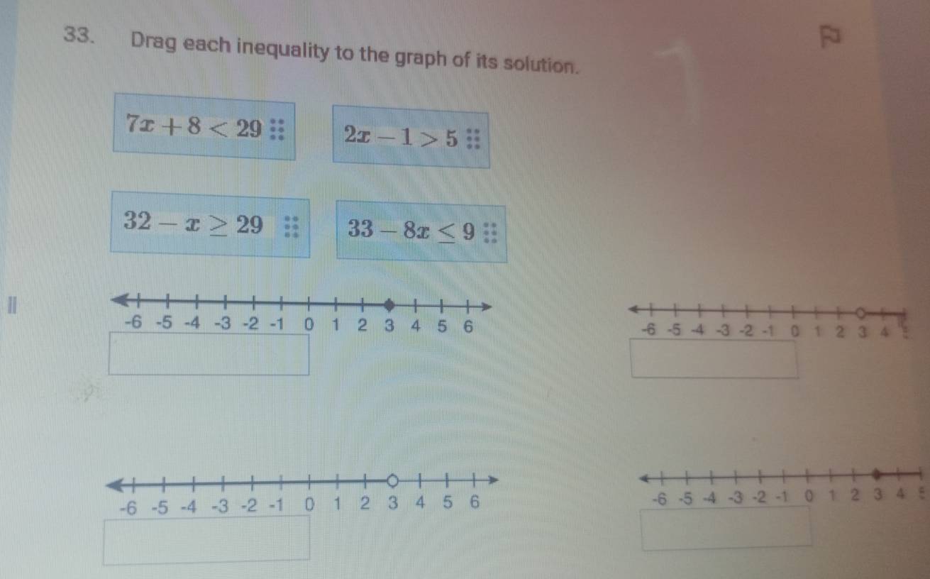 Drag each inequality to the graph of its solution.
7x+8<29</tex>
2x-1>5 a
32-x≥ 29
33-8x≤ 9
-6 -5 -4 -3 -2 -1 0 1 2 3 4