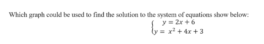 Which graph could be used to find the solution to the system of equations show below:
beginarrayl y=2x+6 y=x^2+4x+3endarray.