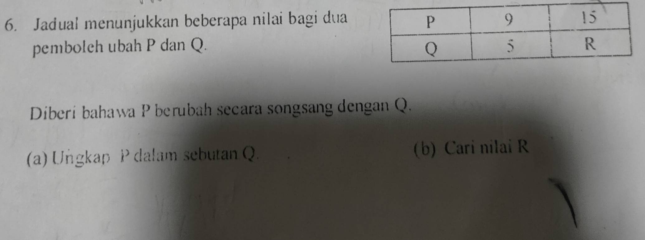 Jadual menunjukkan beberapa nilai bagi dua 
pemboleh ubah P dan Q. 
Diberí bahawa P berubah secara songsang dengan Q. 
(a) Ungkap P dalam sebutan Q. (b) Cari nilai R