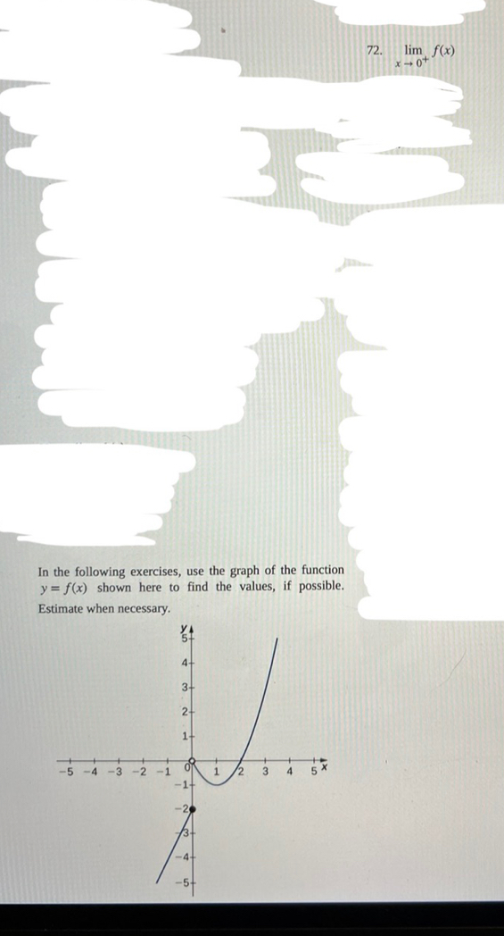 limlimits _xto 0^+f(x)
In the following exercises, use the graph of the function
y=f(x) shown here to find the values, if possible. 
Estimate when necessary.