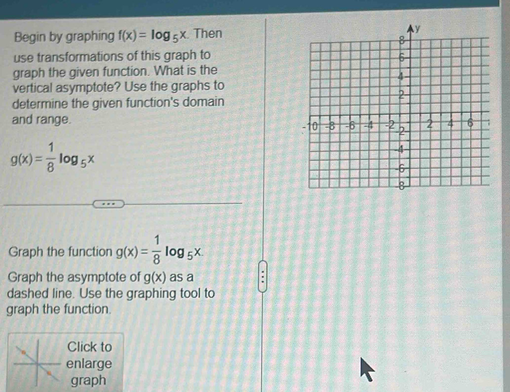 Begin by graphing f(x)=log _5x Then 
use transformations of this graph to 
graph the given function. What is the 
vertical asymptote? Use the graphs to 
determine the given function's domain 
and range.
g(x)= 1/8 log _5x
Graph the function g(x)= 1/8 log _5x. 
Graph the asymptote of g(x) as a 
dashed line. Use the graphing tool to 
graph the function. 
Click to 
enlarge 
graph