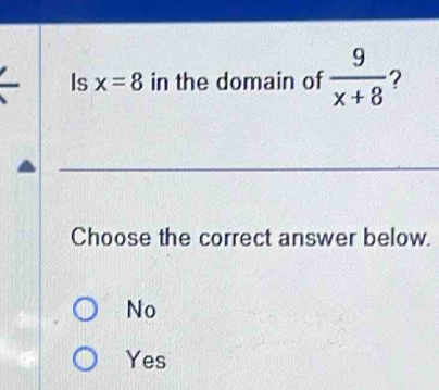 Is x=8 in the domain of  9/x+8 
Choose the correct answer below.
No
Yes