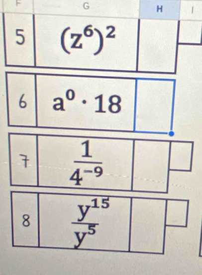 6 a^0· 18
1  1/4^(-9) 
8  y^(15)/y^5 