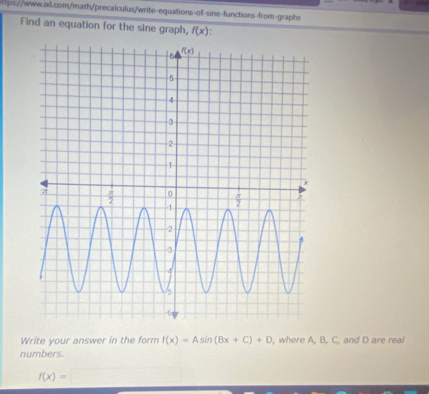 Find an equation for the sine graph, f(x)
Write your answer in the form f(x)=Asin (Bx+C)+D , where A, B, C, and D are real
numbers.
f(x)= ∴ △ ADC=∠ BCD