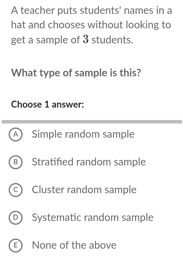 A teacher puts students' names in a
hat and chooses without looking to
get a sample of 3 students.
What type of sample is this?
Choose 1 answer:
A) Simple random sample
B) Stratified random sample
C Cluster random sample
D) Systematic random sample
E) None of the above