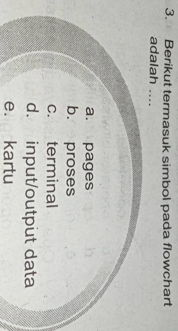 Berikut termasuk simbol pada flowchart
adalah ....
a. pages
b. proses
c. terminal
d. input/output data
e. kartu