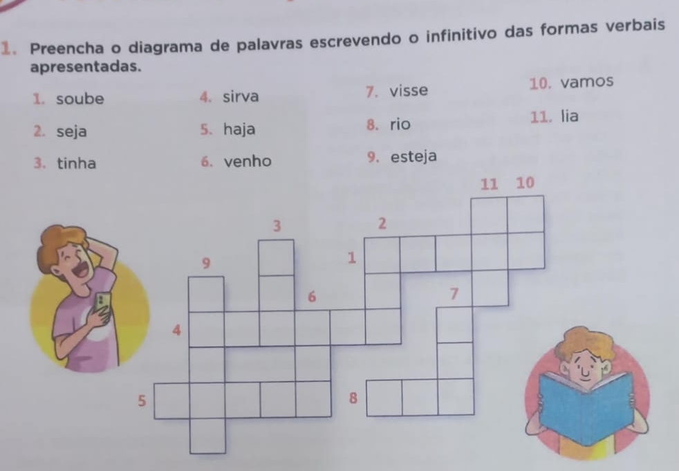 Preencha o diagrama de palavras escrevendo o infinitivo das formas verbais 
apresentadas. 
1. soube 4. sirva 7. visse 10. vamos 
2. seja 5. haja 8. rio 11. lia 
3. tinha 6. venho 9. esteja