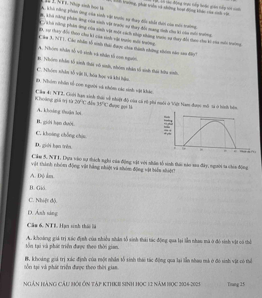 Cầu 2. NT1. Nhịp sinh học là
Vậc có tác động trực tiếp hoặc gián tiếp tới sinh
1, sinh trưởng, phát triển và những hoạt động khác của sinh vật.
A. khả năng phân ứng của sinh vật trước sự thay đổi nhất thời của môi trường.
B. khả năng phản ứng của sinh vật trước sự thay đổi mang tính chu kì của môi trưởng
C. khả năng phân ứng của sinh vật một cách nhịp nhâng trước sự thay đổi theo chu kì của môi trường.
D. sự thay đổi theo chu kỉ của sinh vật trước môi trường.
Câu 3, NT1. Các nhân tố sinh thái được chia thành những nhóm nào sau đây?
A. Nhóm nhân tố vô sinh và nhân tố con người.
B. Nhóm nhân tố sinh thái vô sinh, nhóm nhân tố sinh thái hữu sinh.
C. Nhóm nhân tố vật lí, hóa học và khí hậu.
D. Nhóm nhân tố con người và nhóm các sinh vật khác.
Câu 4: NT2, Giới hạn sinh thái về nhiệt độ của cá rô phi nuôi ở Việt Nam được mô tả ở hình bên.
Khoảng giá trị từ 20°C đén 35°C được gọi là
A. khoảng thuận lơi.
B. giới hạn dưới.
C. khoảng chống chịu.
D. giới hạn trên. 
Câu 5. NT1. Dựa vào sự thích nghi của động vật với nhân tố sinh thái nào sau đây, người ta chia động
vật thành nhóm động vật hằng nhiệt và nhóm động vật biến nhiệt?
A. Độ ẩm.
B. Gió.
C. Nhiệt độ.
D. Ánh sáng
Câu 6. NT1. Hạn sinh thái là
A. khoảng giá trị xác định của nhiều nhân tố sinh thái tác động qua lại lẫn nhau mà ở đó sinh vật có thể
tồn tại và phát triển được theo thời gian.
B. khoảng giá trị xác định của một nhân tố sinh thái tác động qua lại lẫn nhau mà ở đó sinh vật có thể
tồn tại và phát triển được theo thời gian.
NGÂN HÀNG CÂU HỏI ÔN TẬP KTHKII SINH HỌC 12 NăM HỌC 2024-2025 Trang 25