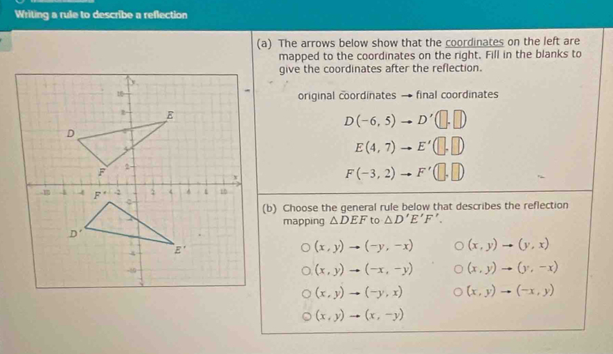 Writing a rule to describe a reflection
(a) The arrows below show that the coordinates on the left are
mapped to the coordinates on the right. Fill in the blanks to
give the coordinates after the reflection.
original coordinates → final coordinates
D(-6,5)to D'(□ ,□ )
E(4,7)to E'(□ ,□ )
F(-3,2)to F'(□ ,□ )
(b) Choose the general rule below that describes the reflection
mapping △ DEF to △ D'E'F'.
(x,y)to (-y,-x) (x,y)to (y,x)
(x,y)to (-x,-y) (x,y)to (y,-x)
(x,y)to (-y,x) (x,y)to (-x,y)
(x,y)to (x,-y)