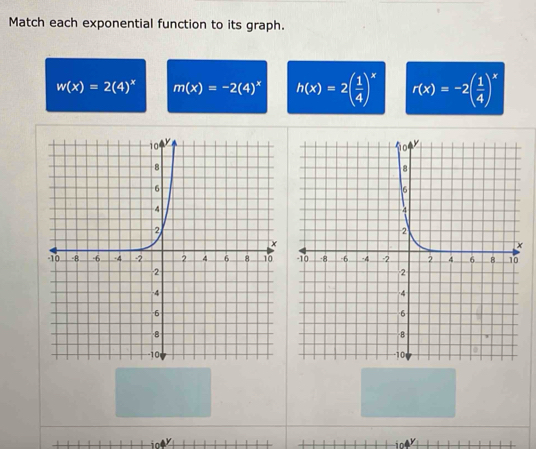 Match each exponential function to its graph.
w(x)=2(4)^x m(x)=-2(4)^x h(x)=2( 1/4 )^x r(x)=-2( 1/4 )^x