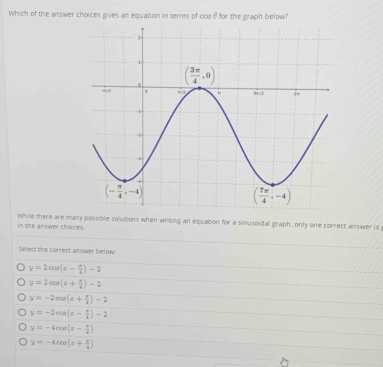 Which of the answer choices gives an equation in terms of cos θ for the graph below?
While there are many possible solutions when writing an equation for a sinusoidal graph, only one correct answer is 
in the answer choices.
Select the correct answer below:
y=2cos (x- π /4 )-2
y=2cos (x+ π /4 )-2
y=-2cos (x+ π /4 )-2
y=-2cos (x- π /4 )-2
y=-4cos (x- π /4 )
y=-4cos (x+ π /4 )