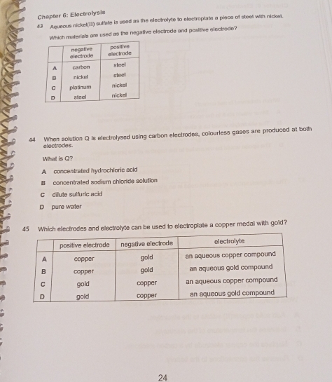 Chapter 6: Electrolysis
43 Aqueous nickel(11) sulfate is used as the electrolyte to electroplate a piece of steel with nickel.
h materials are used as the negative electrode and positive electrode?
44 When solution Q is electrolysed using carbon electrodes, colourless gases are produced at both
electrodes.
What is Q?
A concentrated hydrochloric acid
B concentrated sodium chloride solution
C dilute sulfuric acid
D pure water
45 Which electrodes and electrolyte can be used to electroplate a copper medal with gold?
24