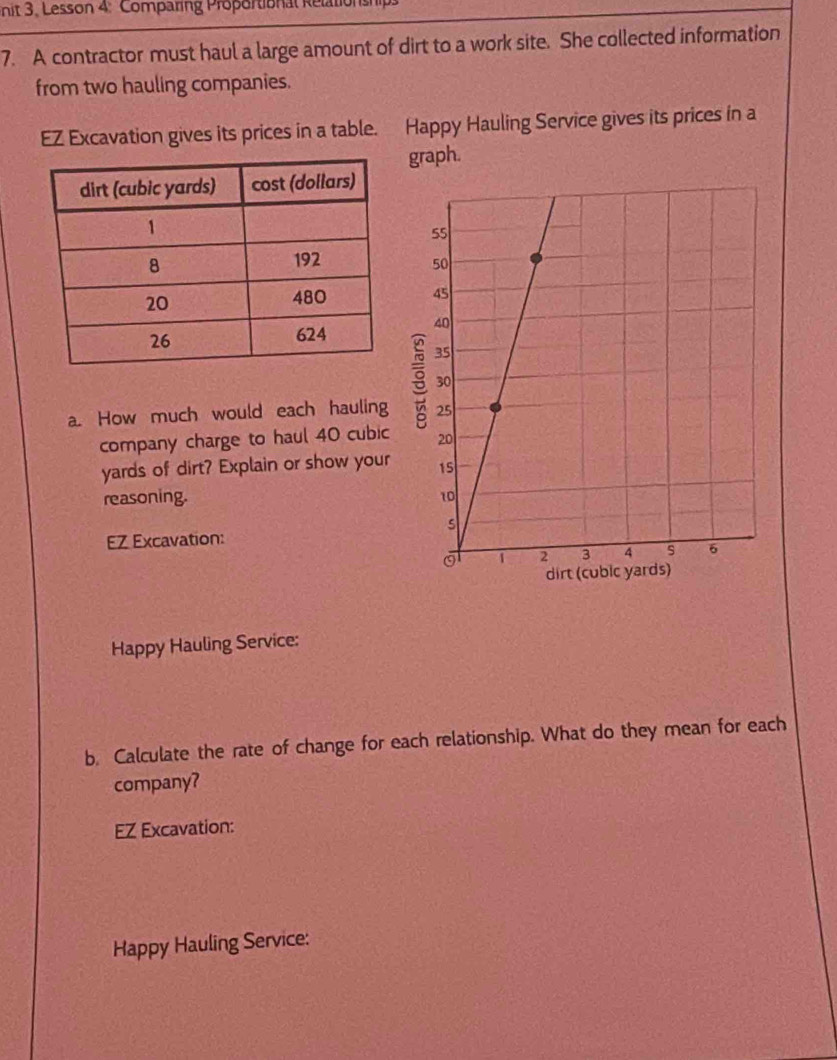 nit 3, Lesson 4: Comparing Proportional Relationships 
7. A contractor must haul a large amount of dirt to a work site. She collected information 
from two hauling companies. 
EZ Excavation gives its prices in a table. Happy Hauling Service gives its prices in a 
graph. 
a. How much would each hauling 
company charge to haul 40 cubic
yards of dirt? Explain or show your 
reasoning. 
EZ Excavation: 
Happy Hauling Service: 
b. Calculate the rate of change for each relationship. What do they mean for each 
company? 
EZ Excavation: 
Happy Hauling Service: