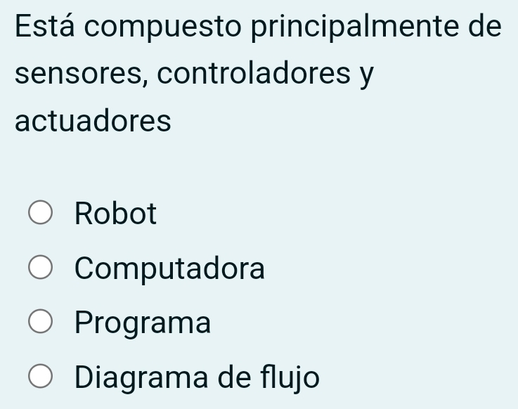 Está compuesto principalmente de
sensores, controladores y
actuadores
Robot
Computadora
Programa
Diagrama de flujo