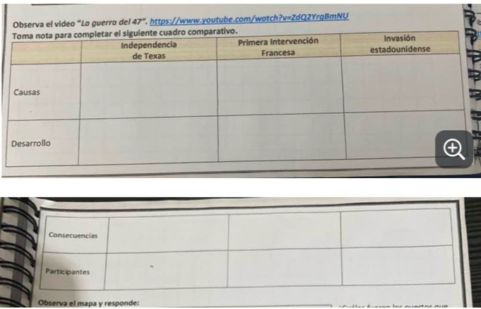Observa el video “La guerra del 47° https://www.youtube.com/watch?v=ZdQ2YrqBmNU 
Observa el mapa y responde: