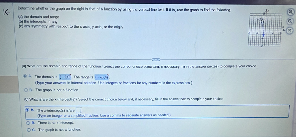 Determine whether the graph on the right is that of a function by using the vertical-line test. If it is, use the graph to find the following.
(a) the domain and range
b) the intercepts, if any
(c) any symmetry with respect to the x-axis, y-axis, or the origin
B
(a) what are the domain and range of the function? Select the correct cnoice below and, if necessary, fill in the answer box(es) to complete your cnoice.
A. The domain is (-2,0). The range is (-∈fty ,4). 
(Type your answers in interval notation. Use integers or fractions for any numbers in the expressions.)
B. The graph is not a function.
(b) What is/are the x-intercept(s)? Select the correct choice below and, if necessary, fill in the answer box to complete your choice.
● A. The x-intercept(s) is/are
(Type an integer or a simplified fraction. Use a comma to separate answers as needed.)
B. There is no x-intercept.
C. The graph is not a function.