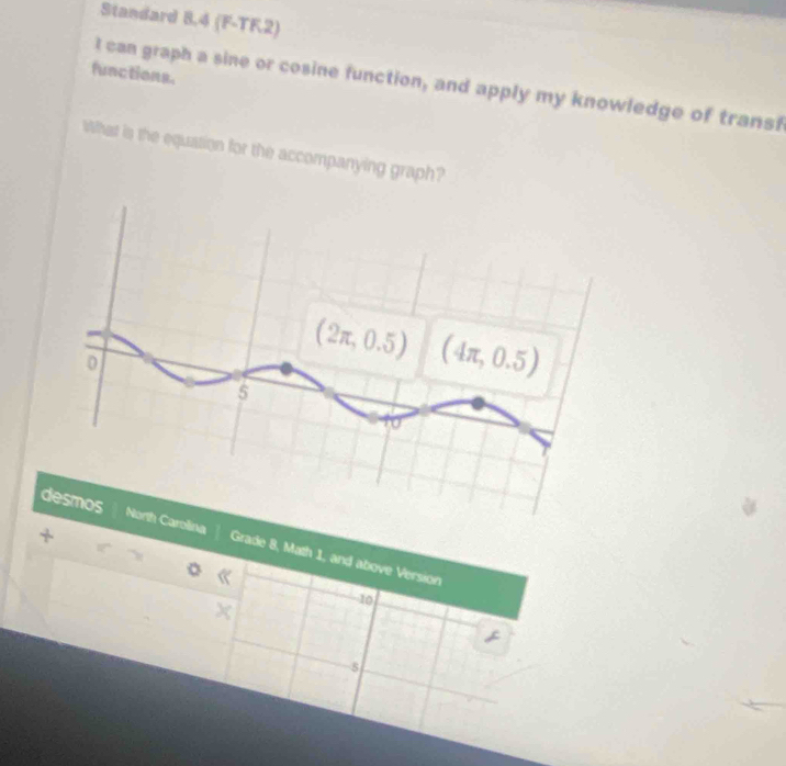 Standard 8.4 (F-TF.2)
functions.
I can graph a sine or cosine function, and apply my knowledge of transf
What is the equation for the accompanying graph?
+
rolina Grade 8, Math 1, and above Version
《
x
10
. 
-5