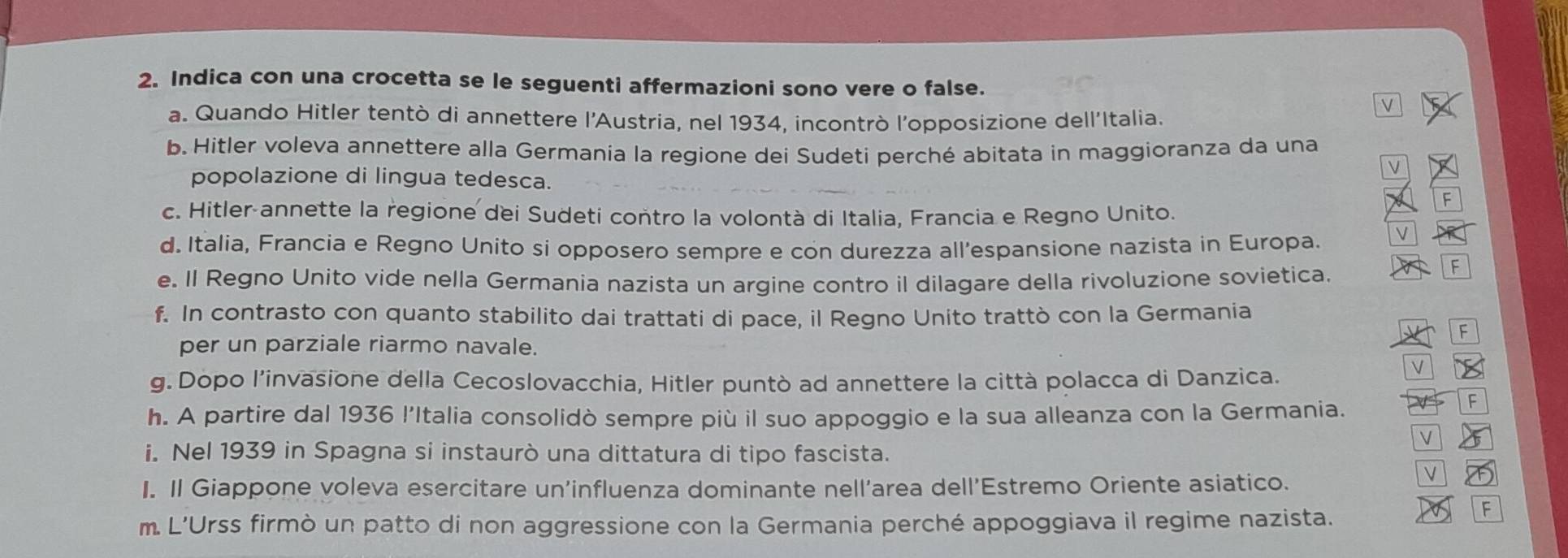 Indica con una crocetta se le seguenti affermazioni sono vere o false. 
a. Quando Hitler tentò di annettere l'Austria, nel 1934, incontrò l'opposizione dell'Italia. 
V 
b. Hitler voleva annettere alla Germania la regione dei Sudeti perché abitata in maggioranza da una 
V 
popolazione di lingua tedesca. 
F 
c. Hitler-annette la regione dei Sudeti contro la volontà di Italia, Francia e Regno Unito. 
d. Italia, Francia e Regno Unito si opposero sempre e con durezza all'espansione nazista in Europa. V 
e. Il Regno Unito vide nella Germania nazista un argine contro il dilagare della rivoluzione sovietica. 
F 
f. In contrasto con quanto stabilito dai trattati di pace, il Regno Unito trattò con la Germania 
F 
per un parziale riarmo navale. 
g. Dopo l’invasione della Cecoslovacchia, Hitler puntò ad annettere la città polacca di Danzica. 
V 
h. A partire dal 1936 l'Italia consolidò sempre più il suo appoggio e la sua alleanza con la Germania. 
F 
v 
i. Nel 1939 in Spagna si instaurò una dittatura di tipo fascista. 
I. Il Giappone voleva esercitare un'influenza dominante nell'area dell’Estremo Oriente asiatico. 
√ F 
m. L’Urss firmò un patto di non aggressione con la Germania perché appoggiava il regime nazista. 
F