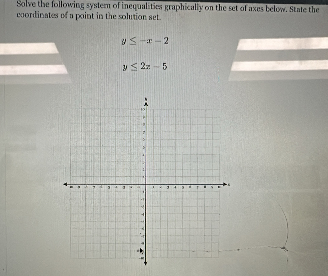 Solve the following system of inequalities graphically on the set of axes below. State the
coordinates of a point in the solution set.
y≤ -x-2
y≤ 2x-5