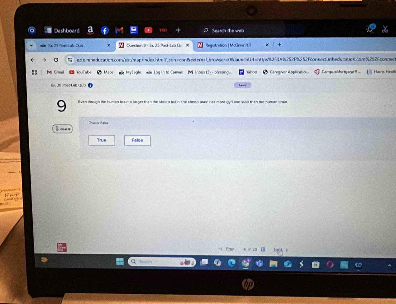 Dashboard Search the web
Ex. 25 Post-Lab Quiz × Question 9 - Ex. 25 Post-Lab Q X Registration | McGraw Hill +
C ezto.mheducation.com/ext/map/index.html?_con=con&external_browser=0&launchUrl=https%253A%252F%252Fconnect.mheducation.com%252Fconnect
:: M Gmail YouTube Maps c MyEagle Log In to Canvas M Inbox (5) - blessing... Yahoo Caregiver Applicatio... CampusMortgage@... Harris Healt
Ex 25 Post-Lab Quiz 5a-+0
9 Even though the human brain is larger than the sheep brain, the sheep brain has more gyrl and sulci than the human brain.
True or False
True False
Prey 9 of 20 Ⅲ