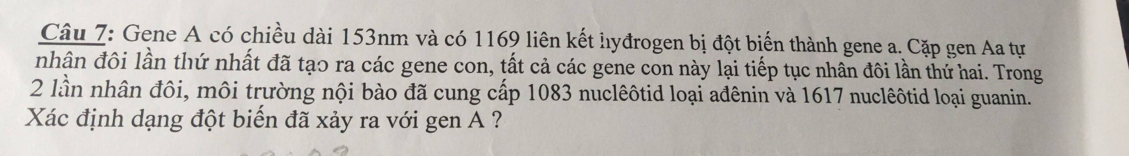 Gene A có chiều dài 153nm và có 1169 liên kết hyđrogen bị đột biến thành gene a. Cặp gen Aa tự 
nhân đôi lần thứ nhất đã tạo ra các gene con, tất cả các gene con này lại tiếp tục nhân đôi lần thứ hai. Trong
2 lần nhân đôi, môi trường nội bào đã cung cấp 1083 nuclêôtid loại ađênin và 1617 nuclêôtid loại guanin. 
Xác định dạng đột biển đã xảy ra với gen A ?