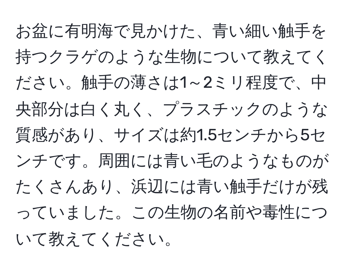 お盆に有明海で見かけた、青い細い触手を持つクラゲのような生物について教えてください。触手の薄さは1～2ミリ程度で、中央部分は白く丸く、プラスチックのような質感があり、サイズは約1.5センチから5センチです。周囲には青い毛のようなものがたくさんあり、浜辺には青い触手だけが残っていました。この生物の名前や毒性について教えてください。