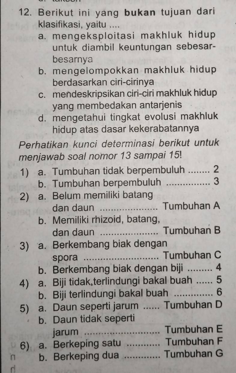 Berikut ini yang bukan tujuan dari
klasifikasi, yaitu ....
a. mengeksploitasi makhluk hidup
untuk diambil keuntungan sebesar-
besarnya
b. mengelompokkan makhluk hidup
berdasarkan ciri-cirinya
c. mendeskripsikan ciri-ciri makhluk hidup
yang membedakan antarjenis
d. mengetahui tingkat evolusi makhluk
hidup atas dasar kekerabatannya
Perhatikan kunci determinasi berikut untuk
menjawab soal nomor 13 sampai 15!
1) a. Tumbuhan tidak berpembuluh _2
b. Tumbuhan berpembuluh_
3
2) a. Belum memiliki batang
dan daun _Tumbuhan A
b. Memiliki rhizoid, batang,
dan daun _Tumbuhan B
3) a. Berkembang biak dengan
spora _Tumbuhan C
b. Berkembang biak dengan biji _.. 4
4) a. Biji tidak,terlindungi bakal buah _ . 5
b. Biji terlindungi bakal buah _ 6
5) a. Daun seperti jarum _Tumbuhan D
b. Daun tidak seperti
jarum _Tumbuhan E
6) a. Berkeping satu _Tumbuhan F
n b. Berkeping dua _Tumbuhan G