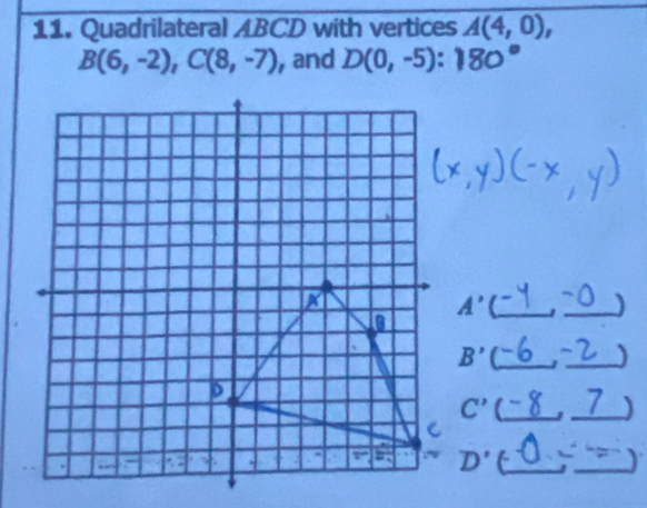 Quadrilateral ABCD with vertices A(4,0),
B(6,-2), C(8,-7) , and D(0,-5)
A' (_ 
_) 
_ B'
_)
C' (_ 
_) 
_ D'
_)